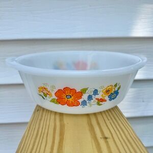 Glasbake J514 2QT Milk Glass Floral Casserole Dish Vintage Round Serving Bowl